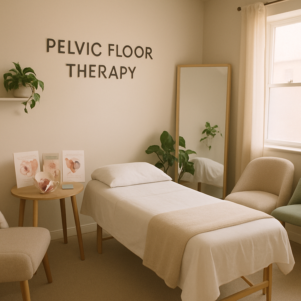 The image depicts a serene and inviting therapy room designed for pelvic floor therapy Soft muted colors fill the space with gentle lighting creating-1
